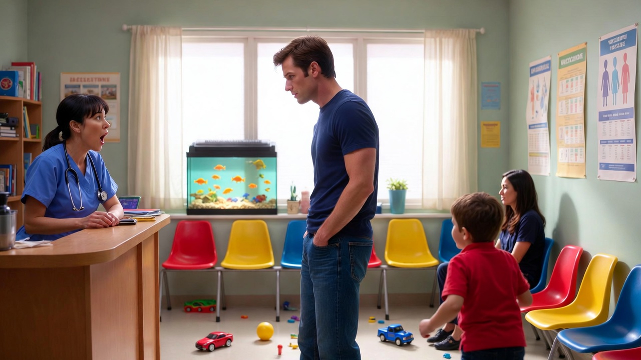 Ross frozen in embarrassment during the pediatrician waiting room mix-up scene from Friends season 9