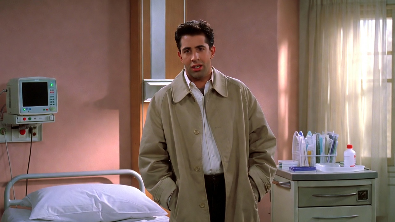 Ross Geller proudly declaring himself a doctor in a Friends hospital scene, highlighting his PhD title
