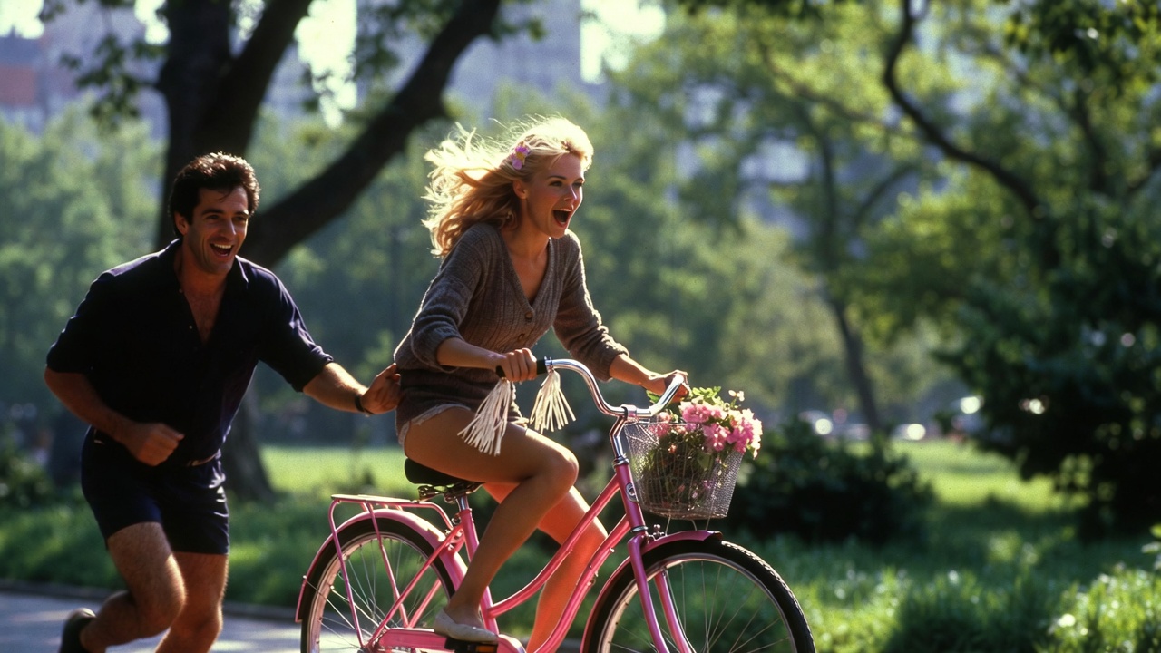 Ross teaching Phoebe how to ride her first bike in Friends