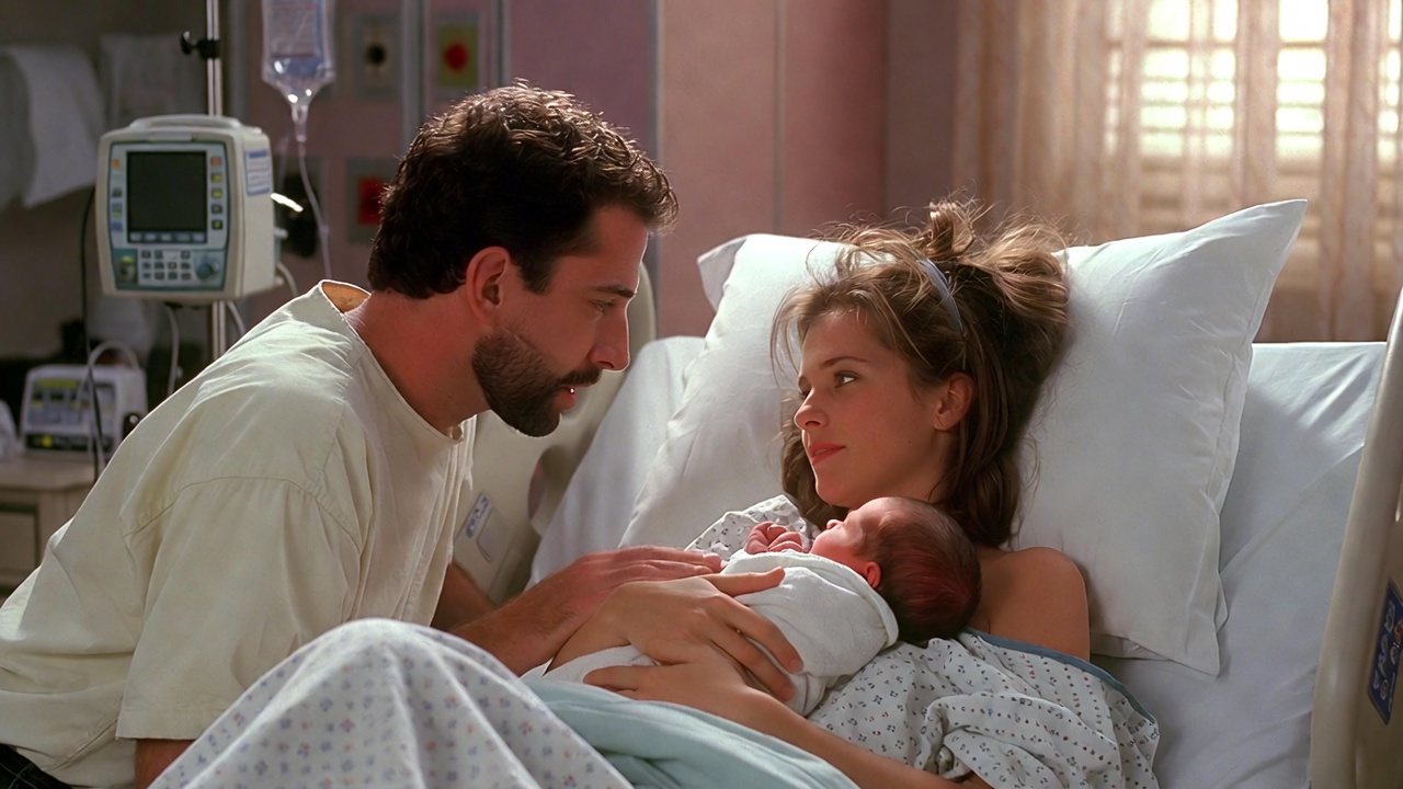 Ross and Rachel with newborn Emma in Friends hospital birth scene, emotional family moment
