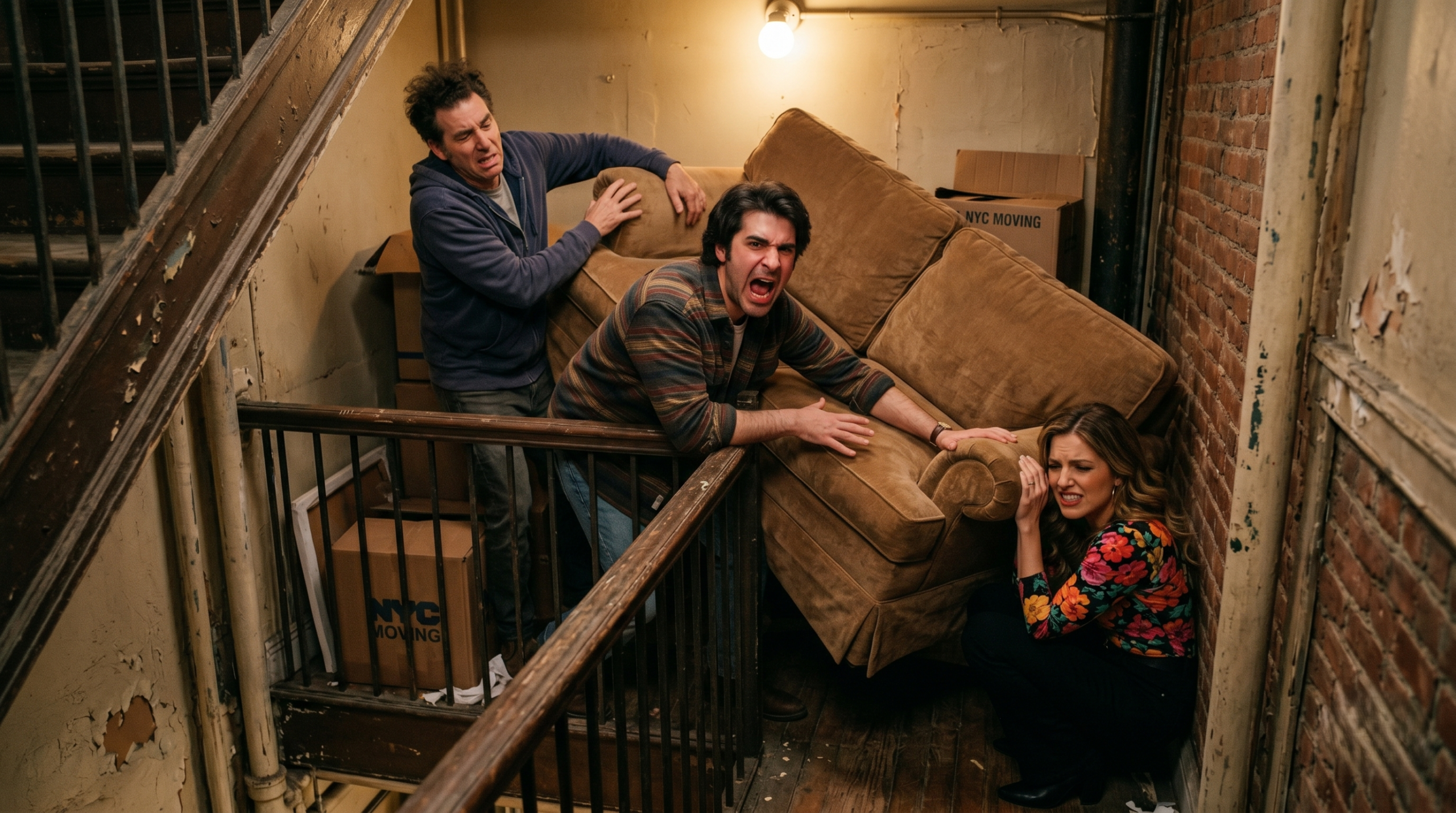 Ross Geller inspired couch moving scene with friends struggling in a narrow staircase