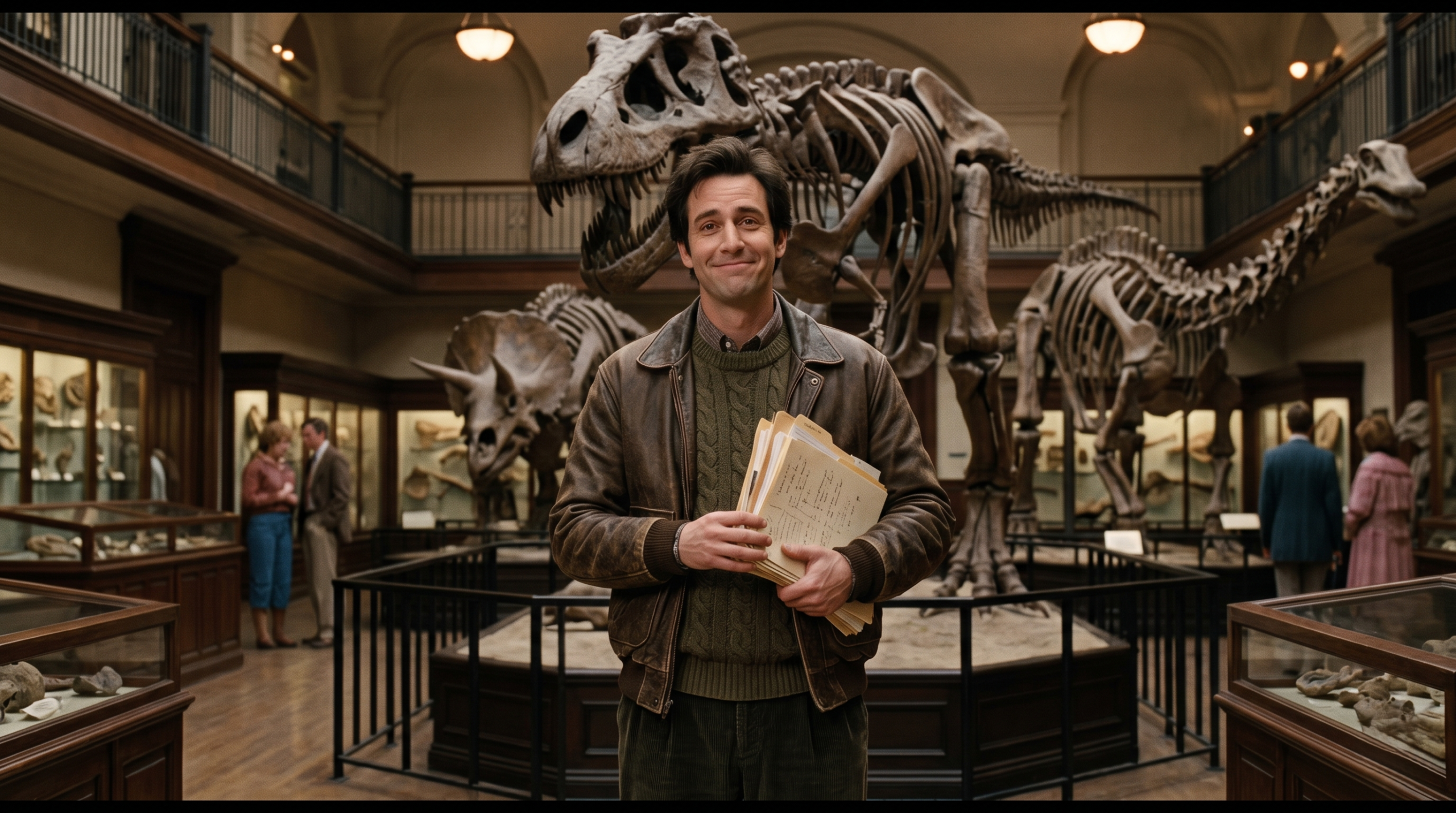 Ross Geller inspired paleontologist standing inside a dinosaur museum in a nostalgic sitcom-style scene