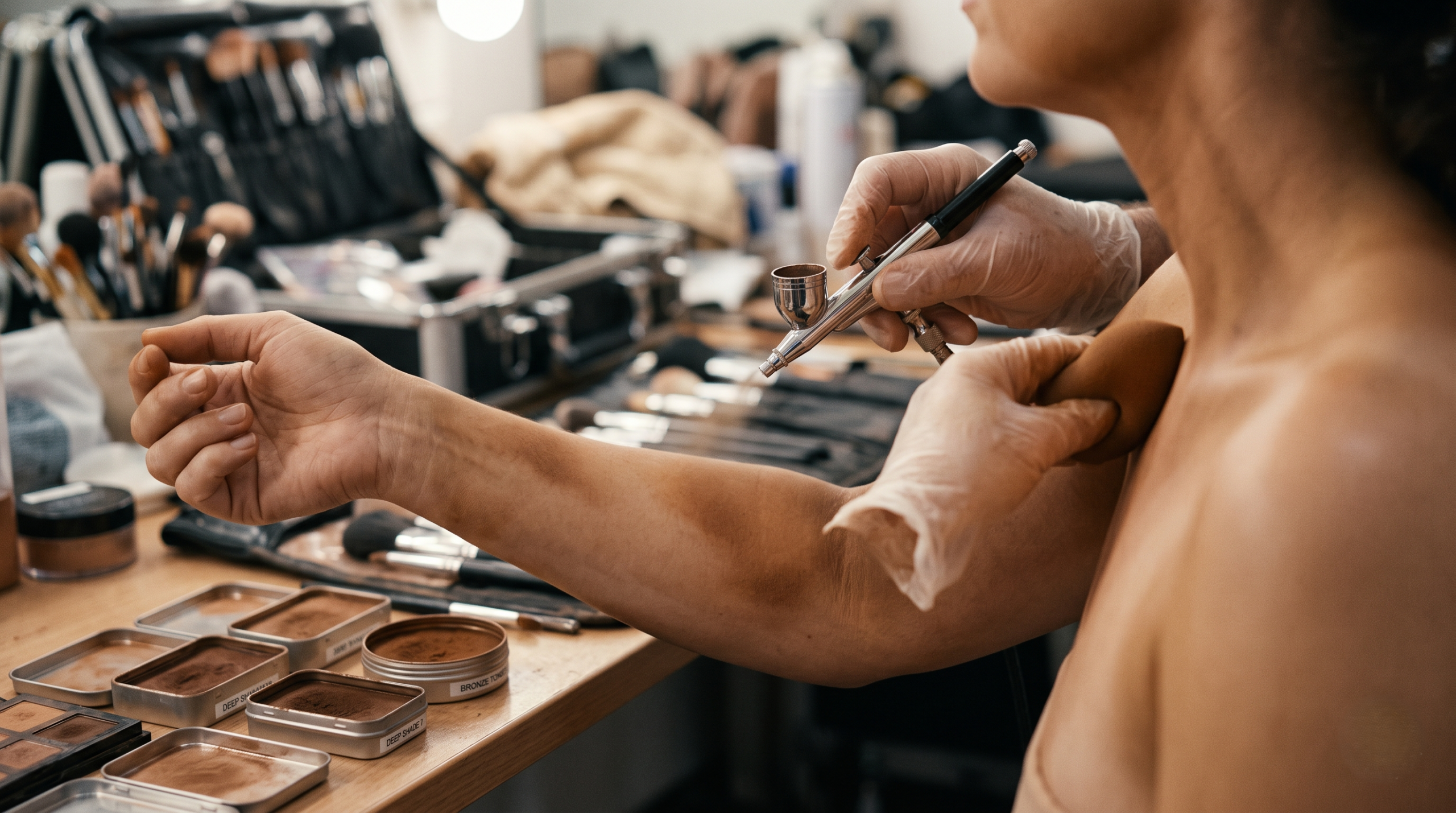  A close-up view of a professional makeup artist using an airbrush tool to apply deep bronzer, illustrating the practical effects work required to achieve Ross Geller's iconic tan. 
